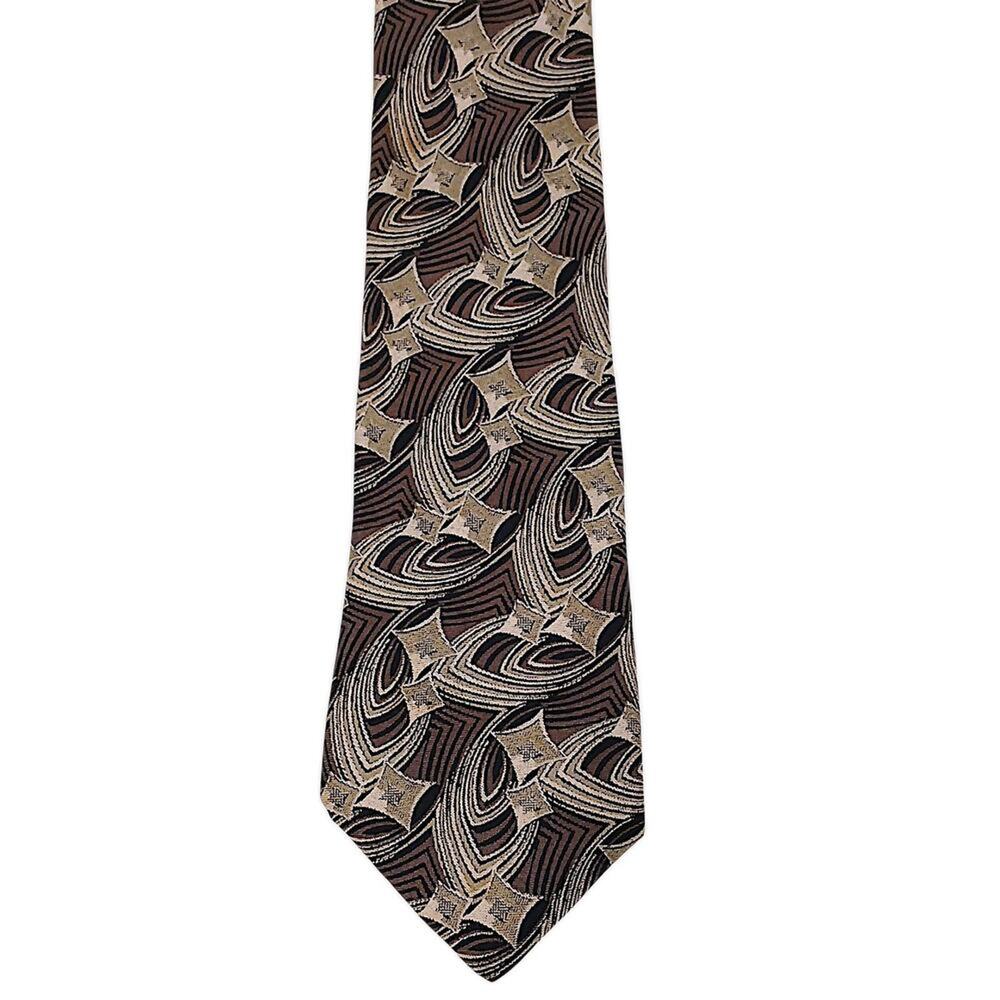 Fendi Silk Tie Brown Biege Art Deco Designer Luxury Geometric Workwear Wedding